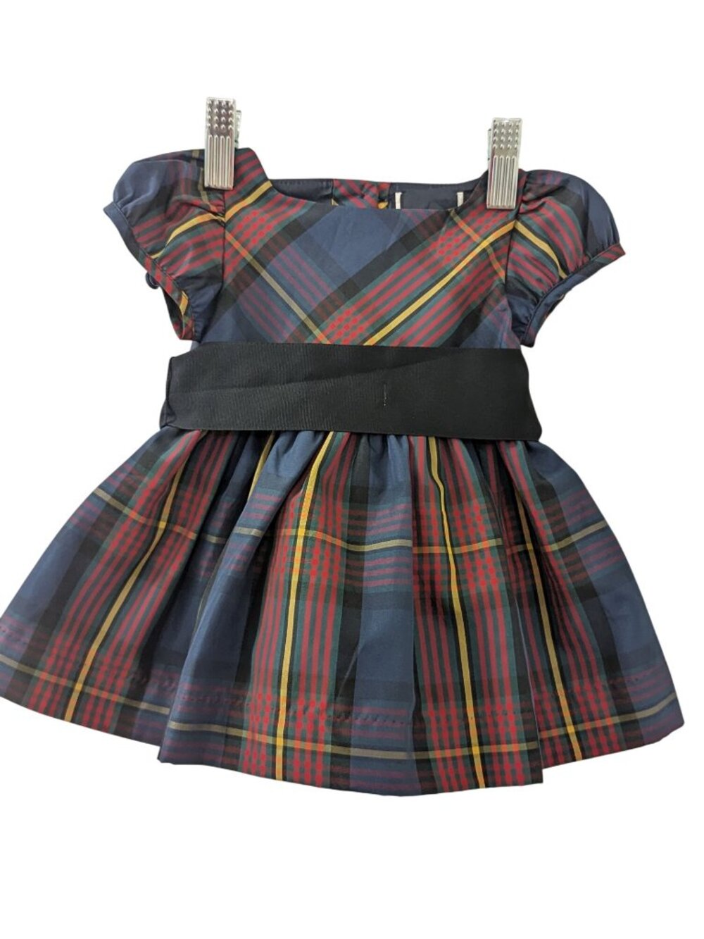 Ralph Lauren Holiday Tartan Girls Dress With Black Bow Sash & Back Buttons